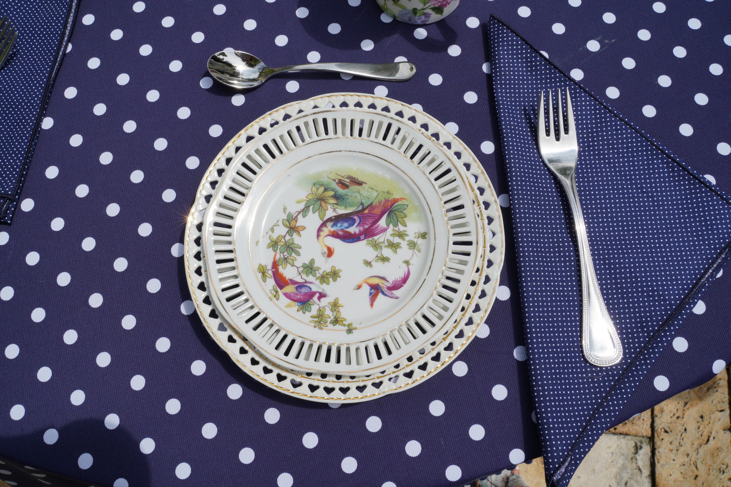 One-of-a-Kind Navy Blue Polka Dot Tablecloth with Pom-Pom Trim/Napkins Set