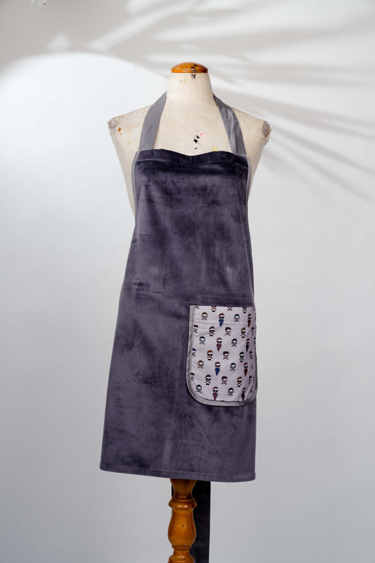 Velvet Charcoal Apron with Dapper Beard Print Pocket - One of a Kind