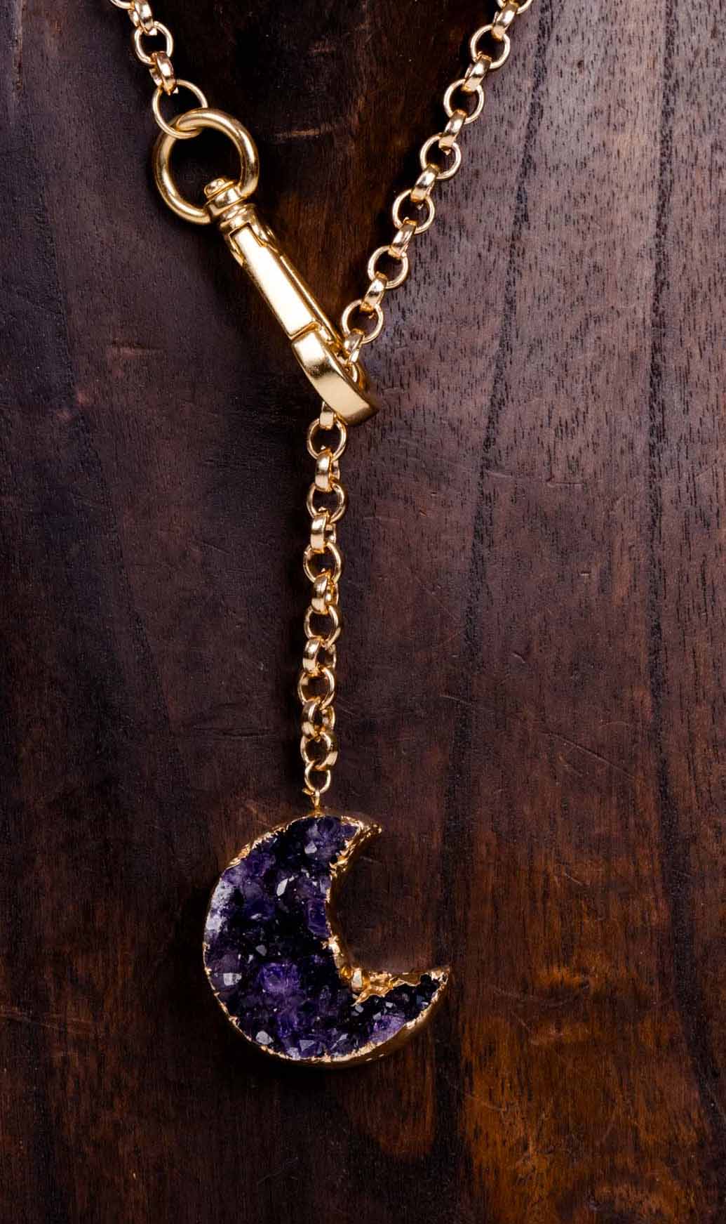 La Luna Amethyst Crescent Moon Lariat  Necklace