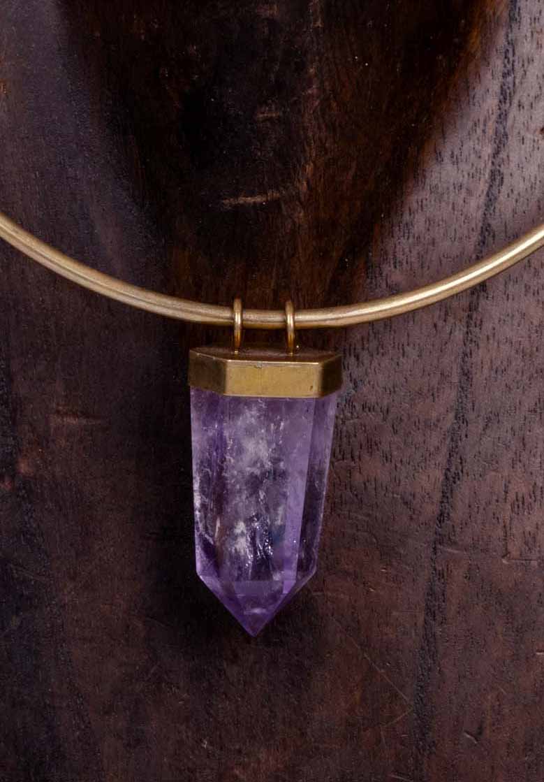 Harmonic Glow Amethyst Pendant Necklace with Brass Collar