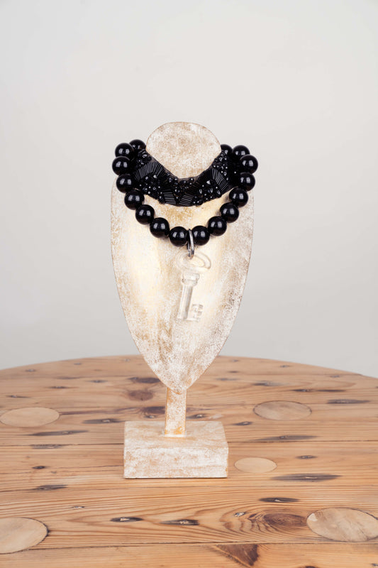 Black Beaded Choker with Clear Key Pendant