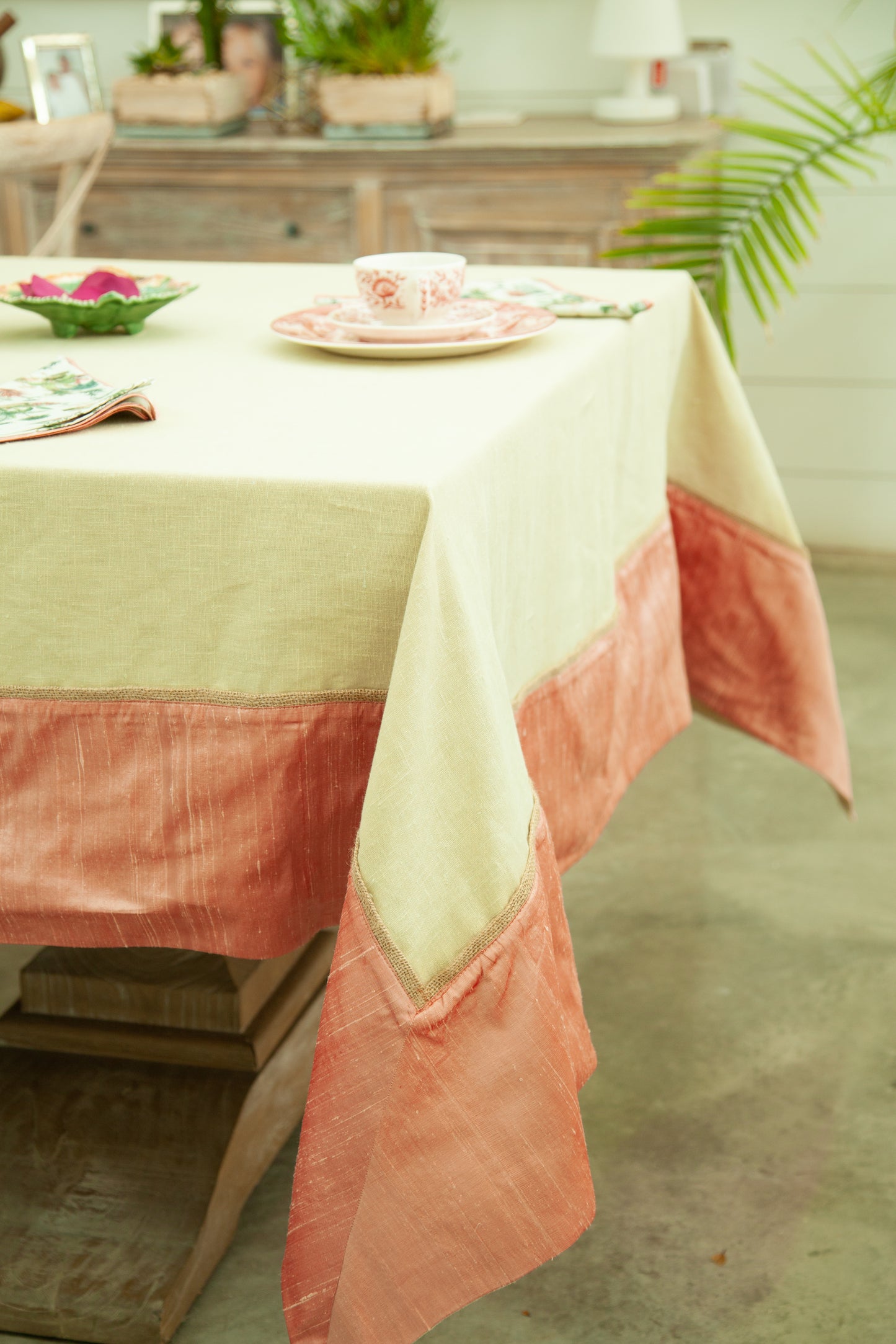 One-of-a-Kind Handwoven Silk-Blend Tablecloth with PinkTrim