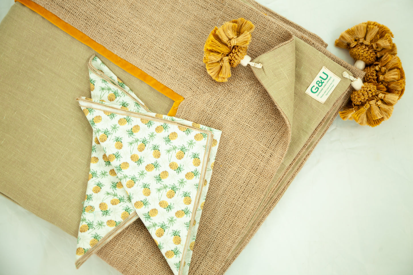 One-of-a-Kind Handwoven Natural Linen Tablecloth with Mustard Tassels