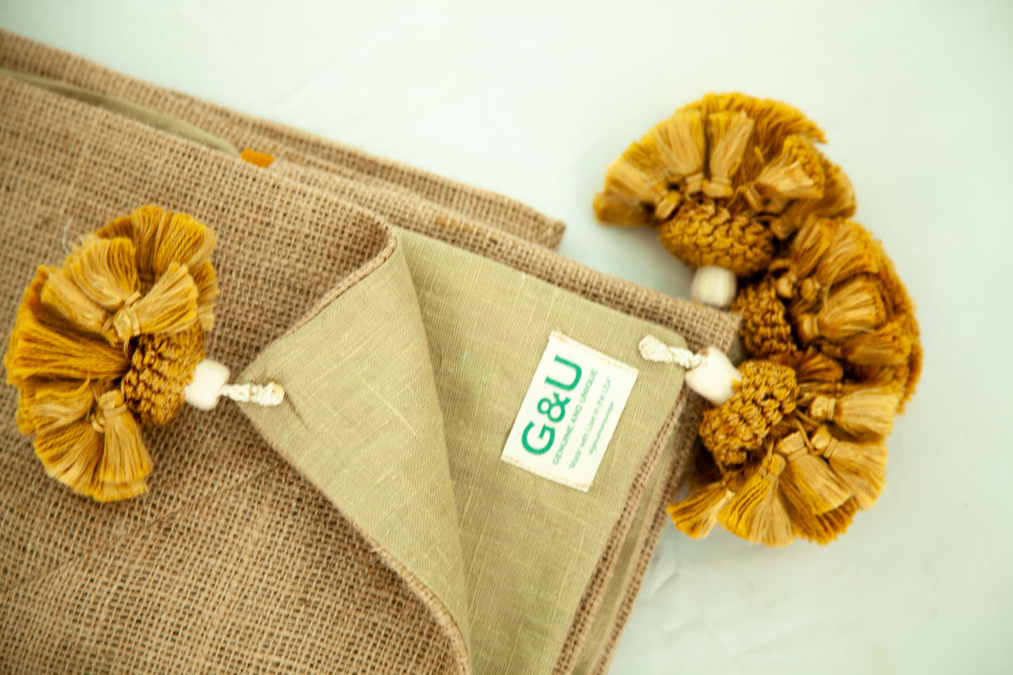 One-of-a-Kind Handwoven Natural Linen Tablecloth with Mustard Tassels