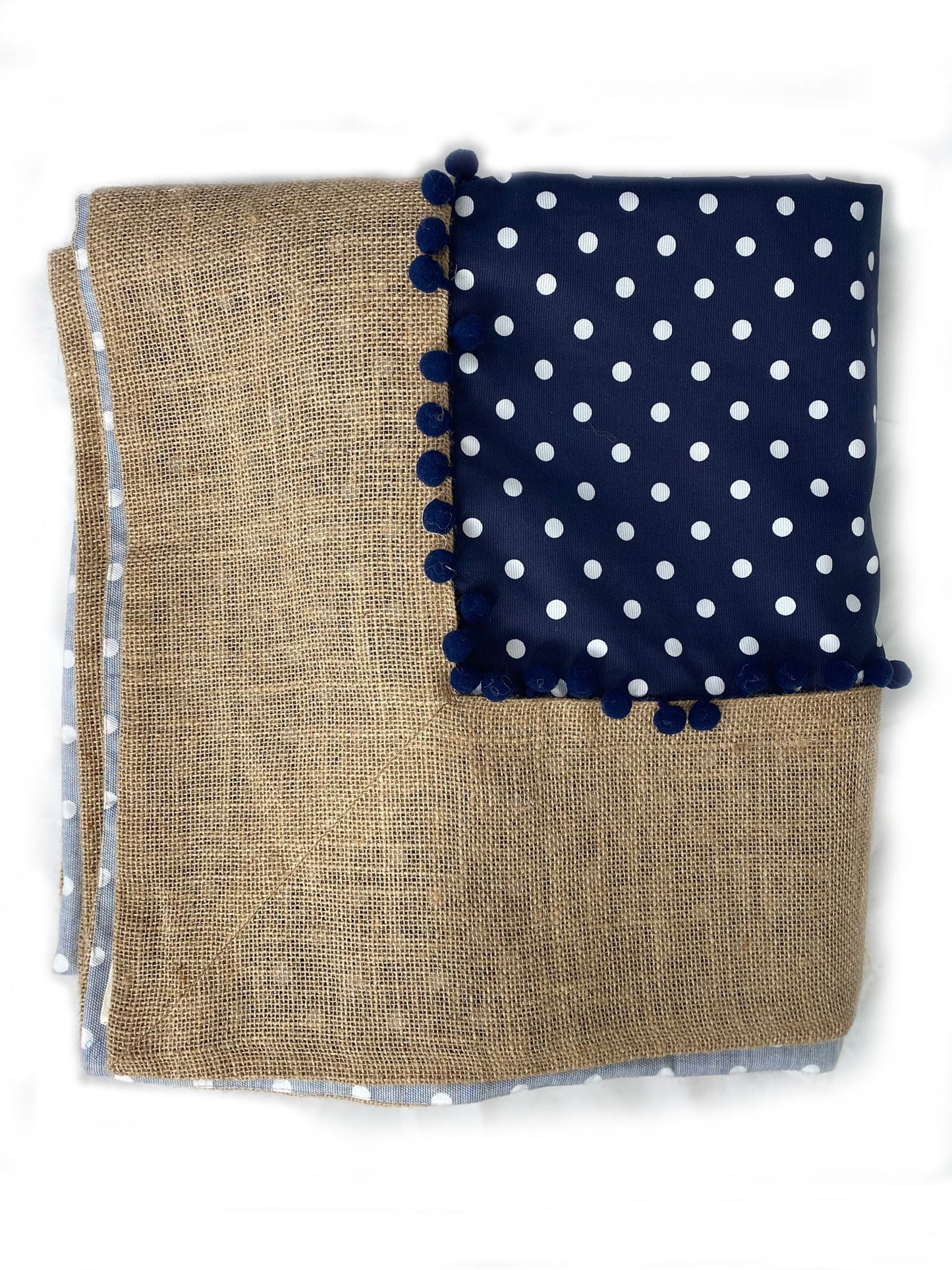 One-of-a-Kind Navy Blue Polka Dot Tablecloth with Pom-Pom Trim/Napkins Set